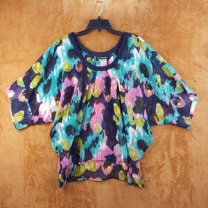 KAS NEW YORK Womens Top Small Navy Pullover Oversized Sheer Flowy Abstract